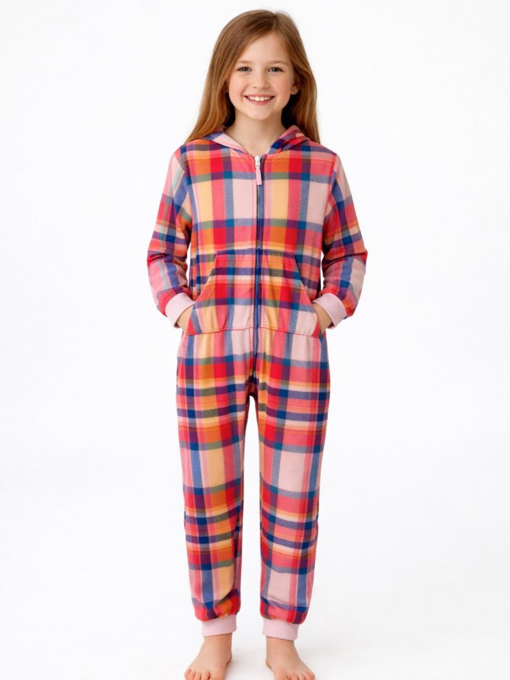 Cat & Jack Girls Hooded One Piece Pajama Pink Orange Blue Plaid Zip Front Medium